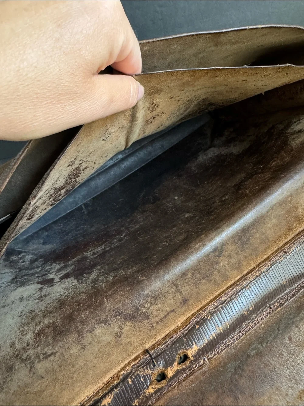 Vintage 1940s Briefcase French Attaché Case Dark Brown Ribbed Distressed Leather